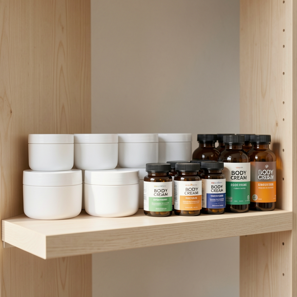 Orderly arrangement of body cream jars and supplement bottles on a pale wooden shelf in the Dralun Lab studio space