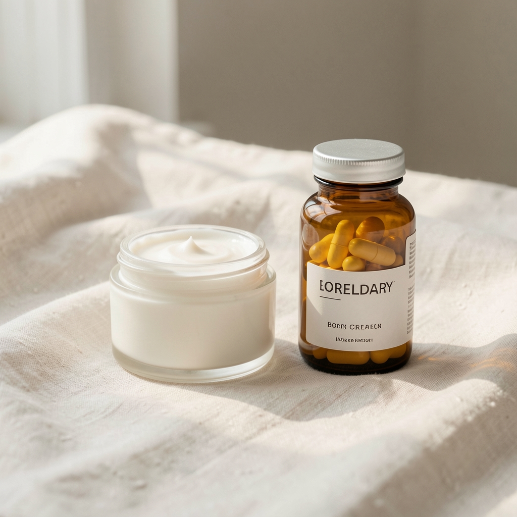 Minimalist wellness still life — a body cream jar and vitamin bottle arranged on pale linen in diffused morning light, London studio
