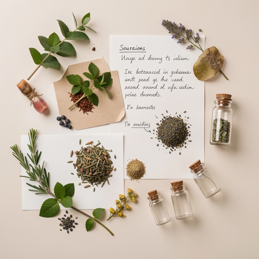 Flat lay arrangement of botanical ingredient samples, handwritten sourcing notes, and small glass vials on a pale surface in a wellness studio