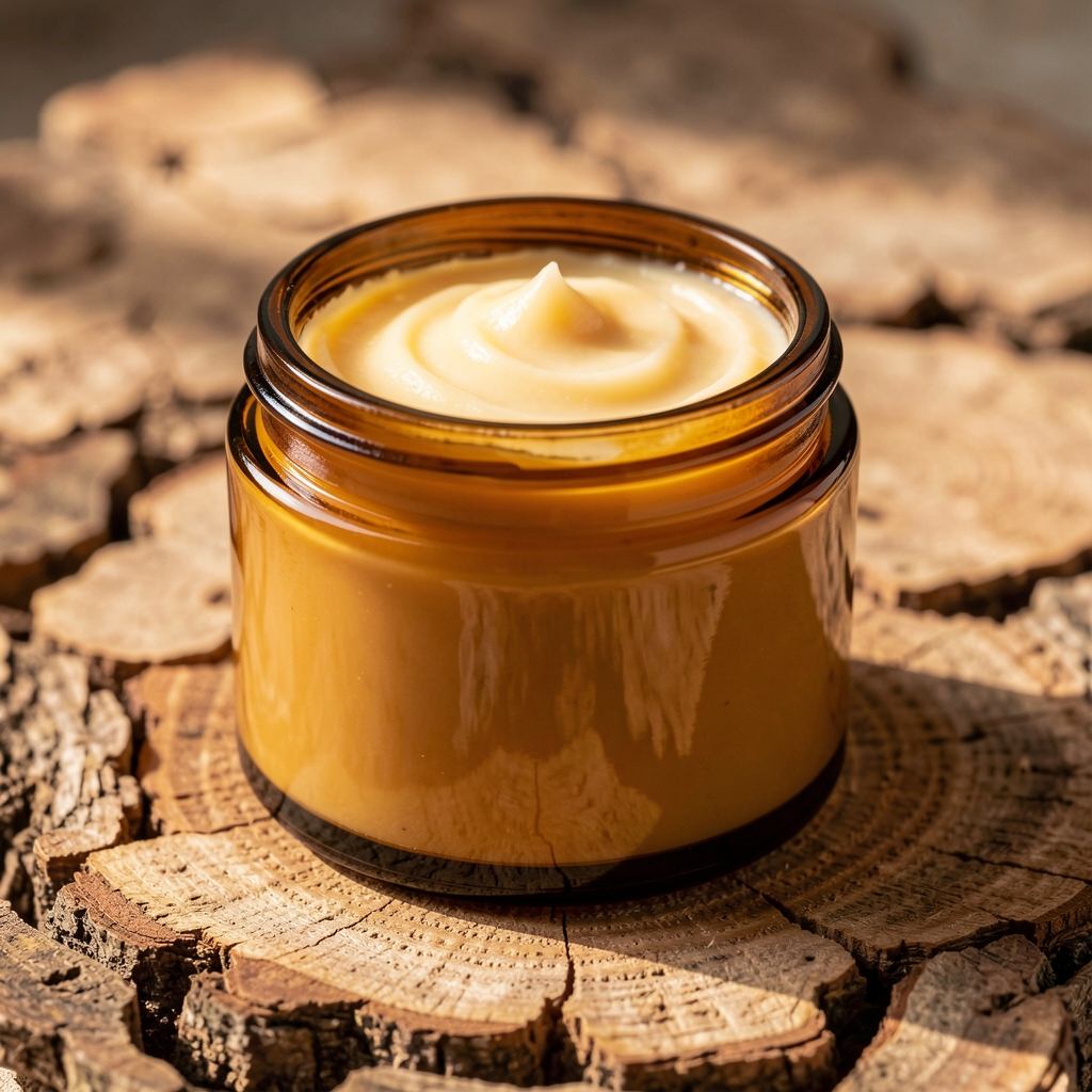 Nourishing body butter in amber glass jar on a textured natural surface, close editorial composition