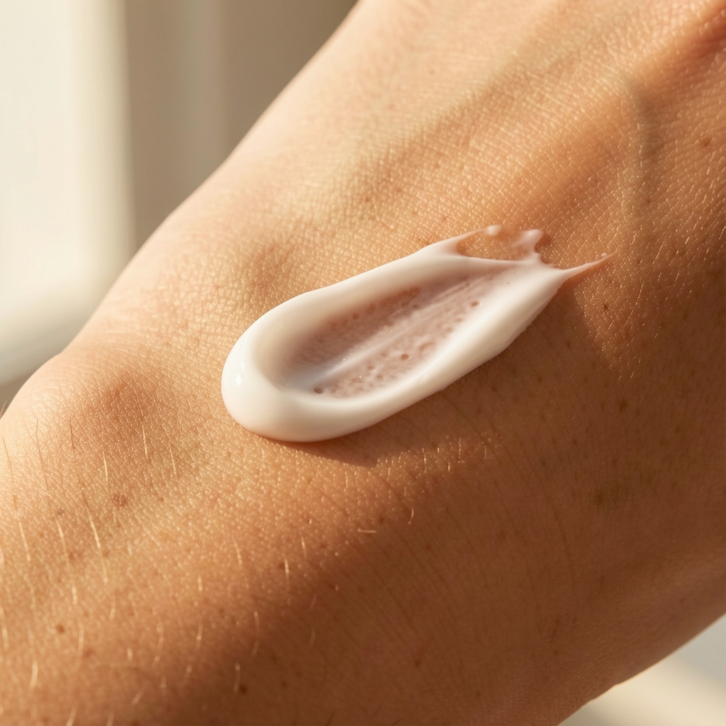 Close-up of moisturiser cream being applied to skin in a warm natural light setting, minimal editorial style